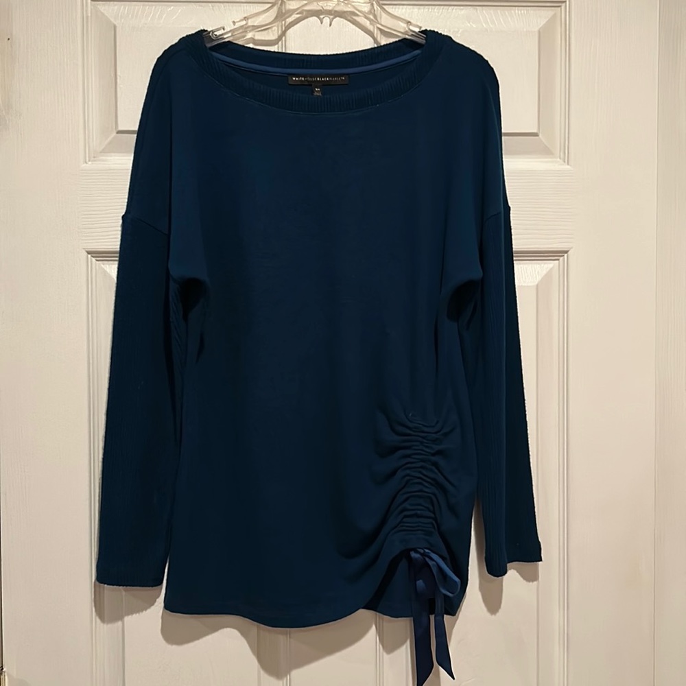 WHBM wide Crew Neck Turquoise Blue Sweater with side Ribbon Gathering Sz XS